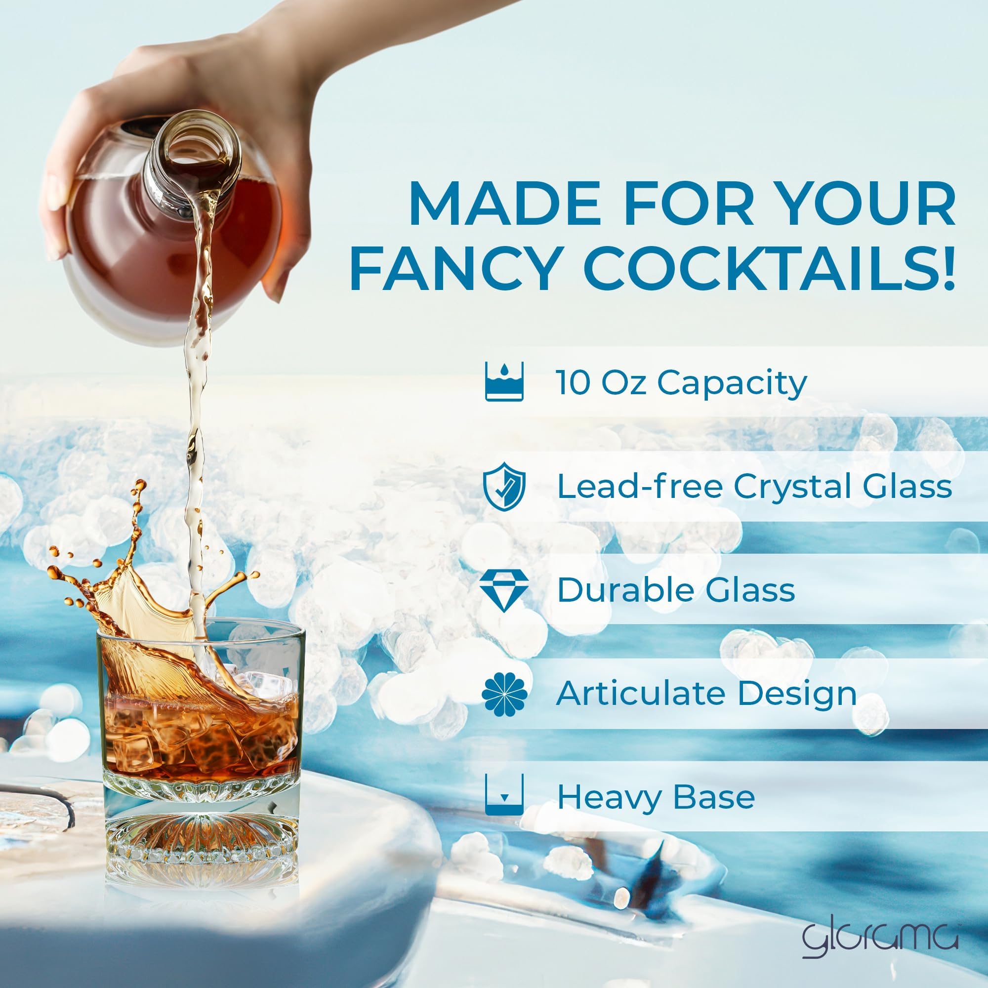 GLORAMA Old Fashioned glass delivers crystal clarity to showcase whiskey colors.