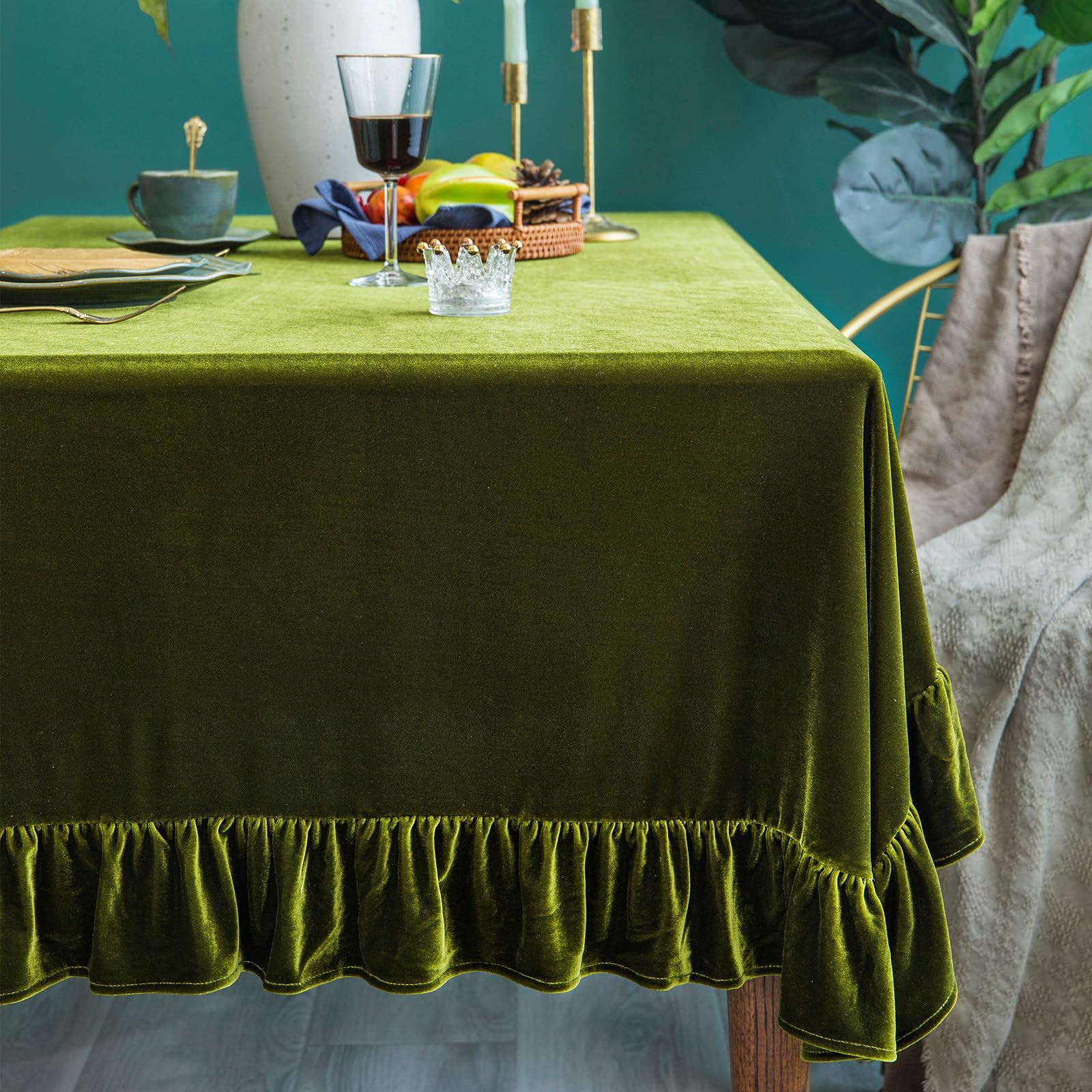 GLORY SEASON Velvet Tablecloth close-up texture, rich color and luxurious drape.