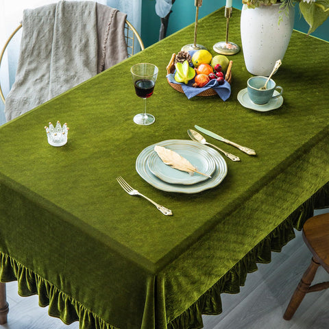 GLORY SEASON Velvet Tablecloth care shot demonstrates machine washable convenience.