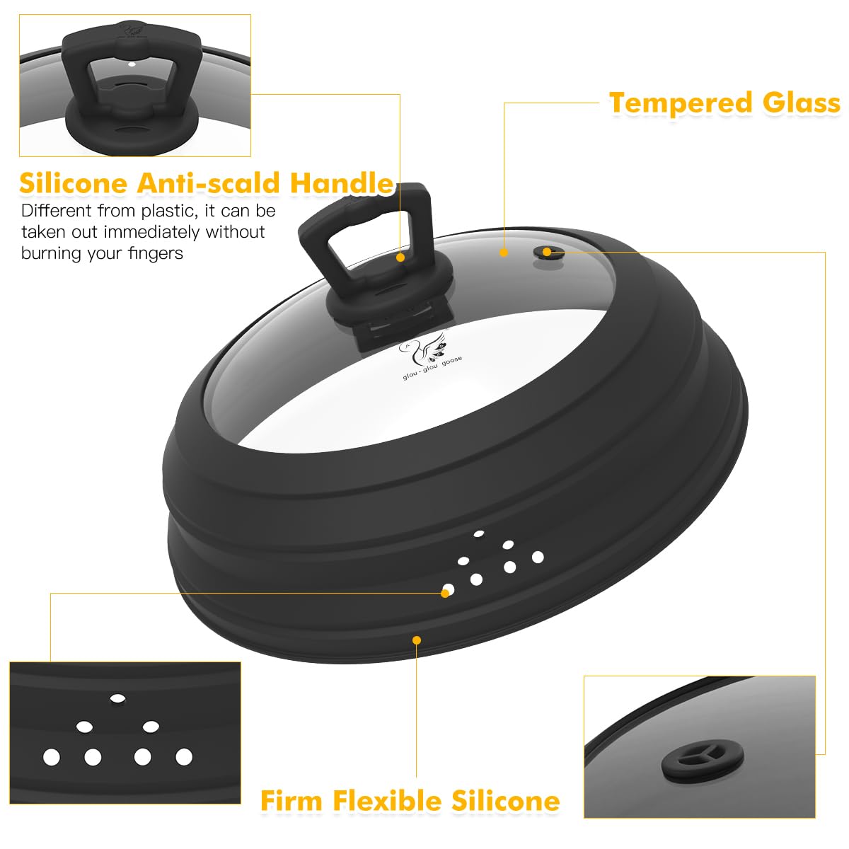 GLOU-GLOU GOOSE GGG collapsible silicone handle stays cool for safe lifting.
