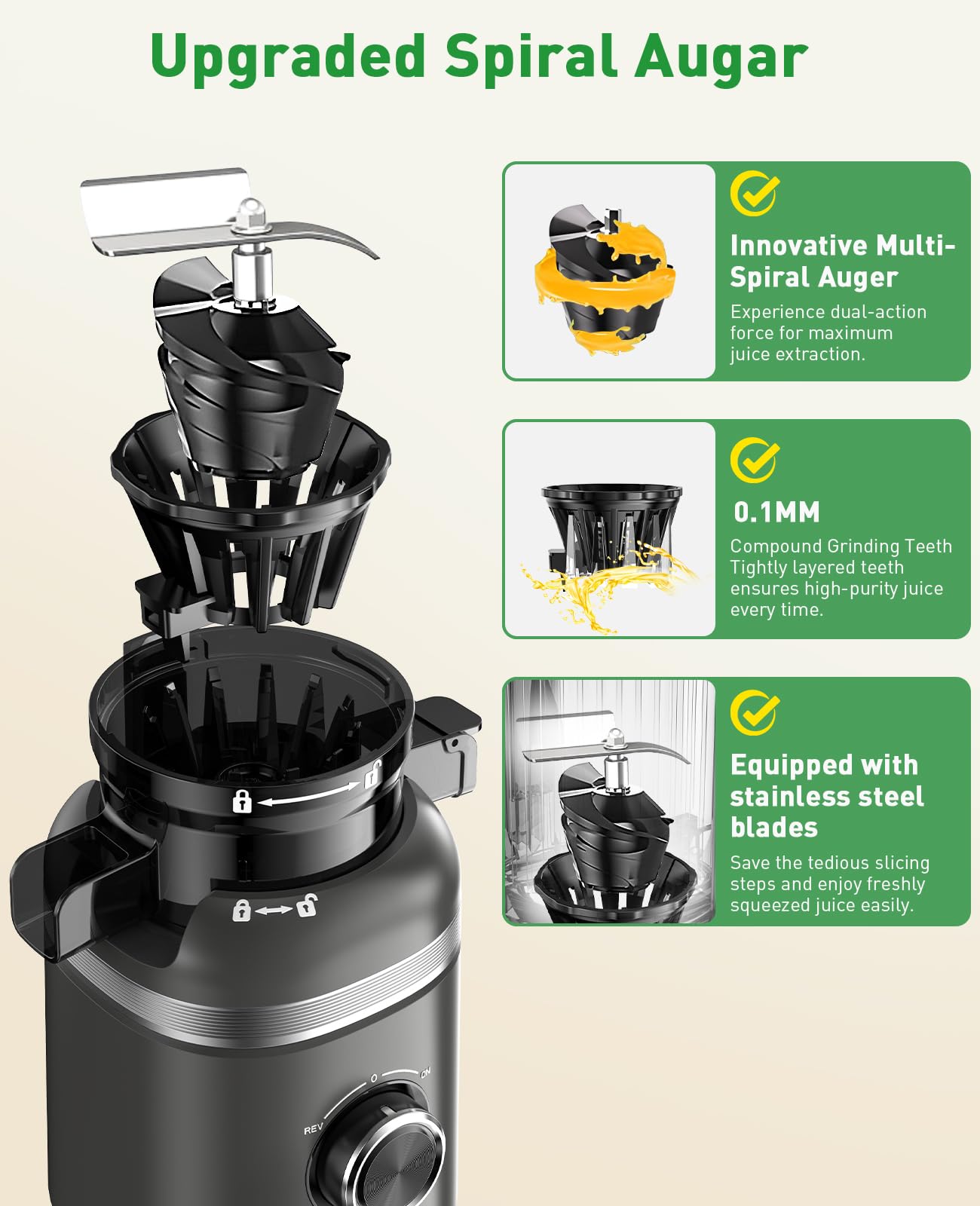 GlowWise slow-masticating juicer operates at 40-60 RPM for smoother juice