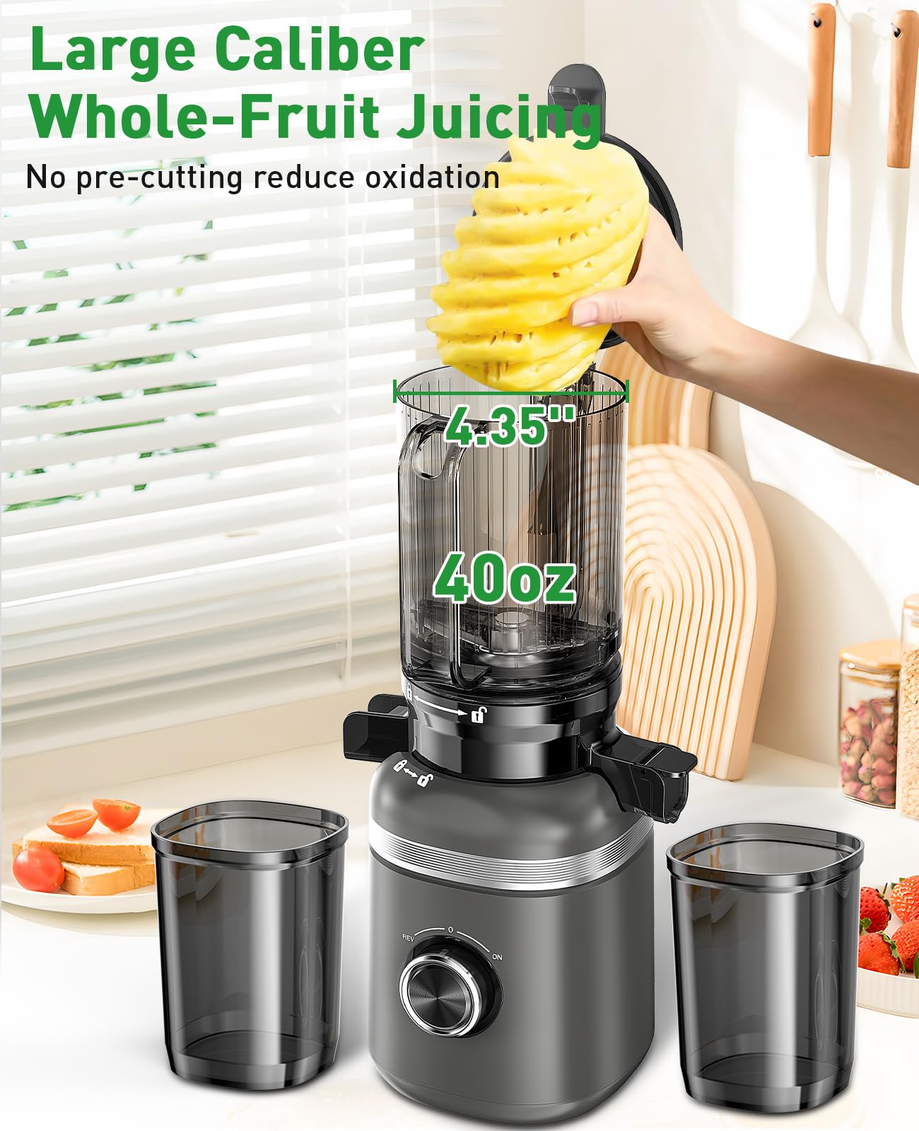 GlowWise juicer shows SUS304 stainless steel auger and six-part snap-fit assembly