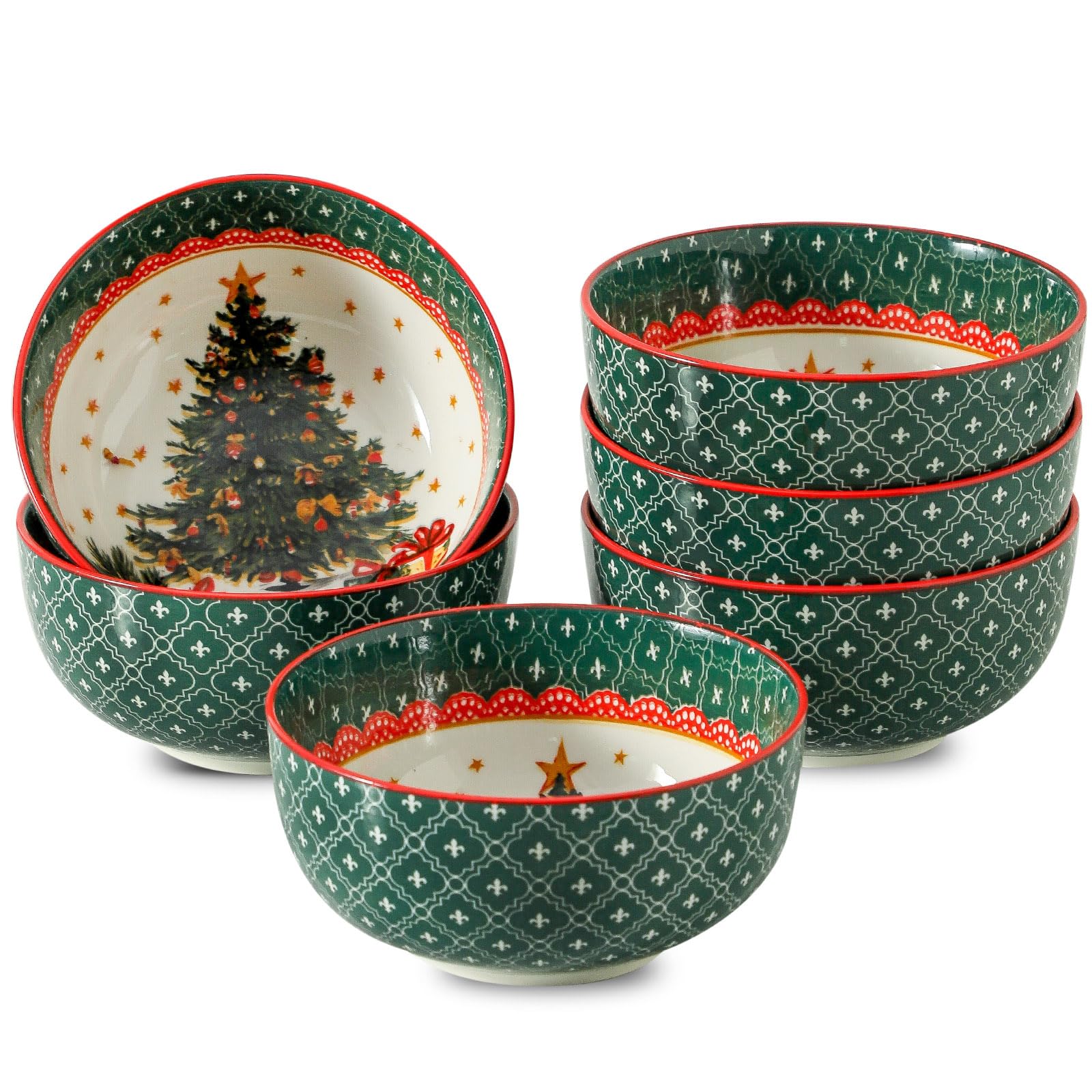 Glowworm Christmas tree bowls close-up, festive glaze ideal for holiday cereals and soups.