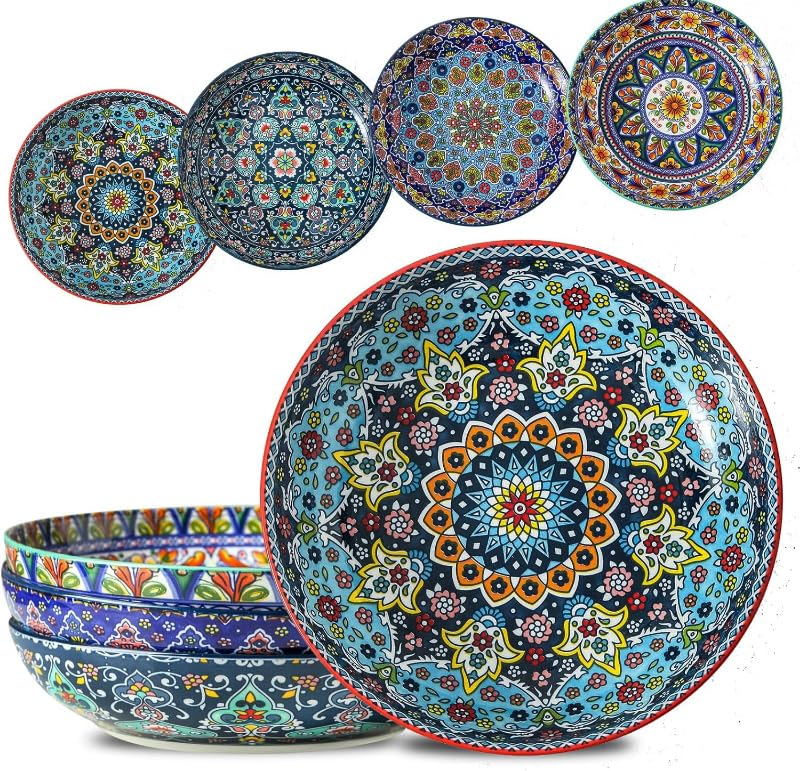 Glowworm pasta bowls set of 4 with bold Bohemian design for vibrant meals.