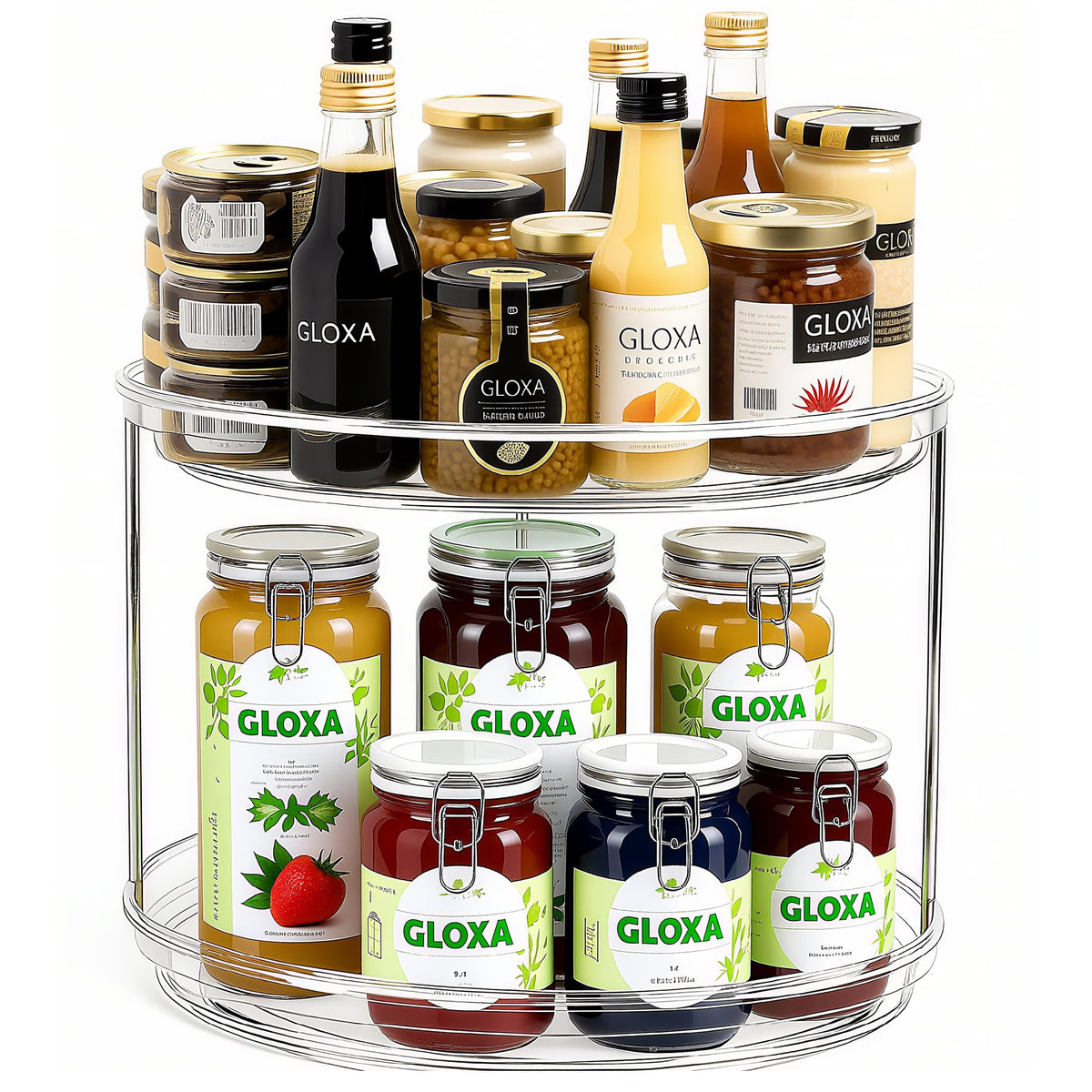 GLOXA 2-Tier Lazy Susan turntable organizer for easy access to spices and cans.