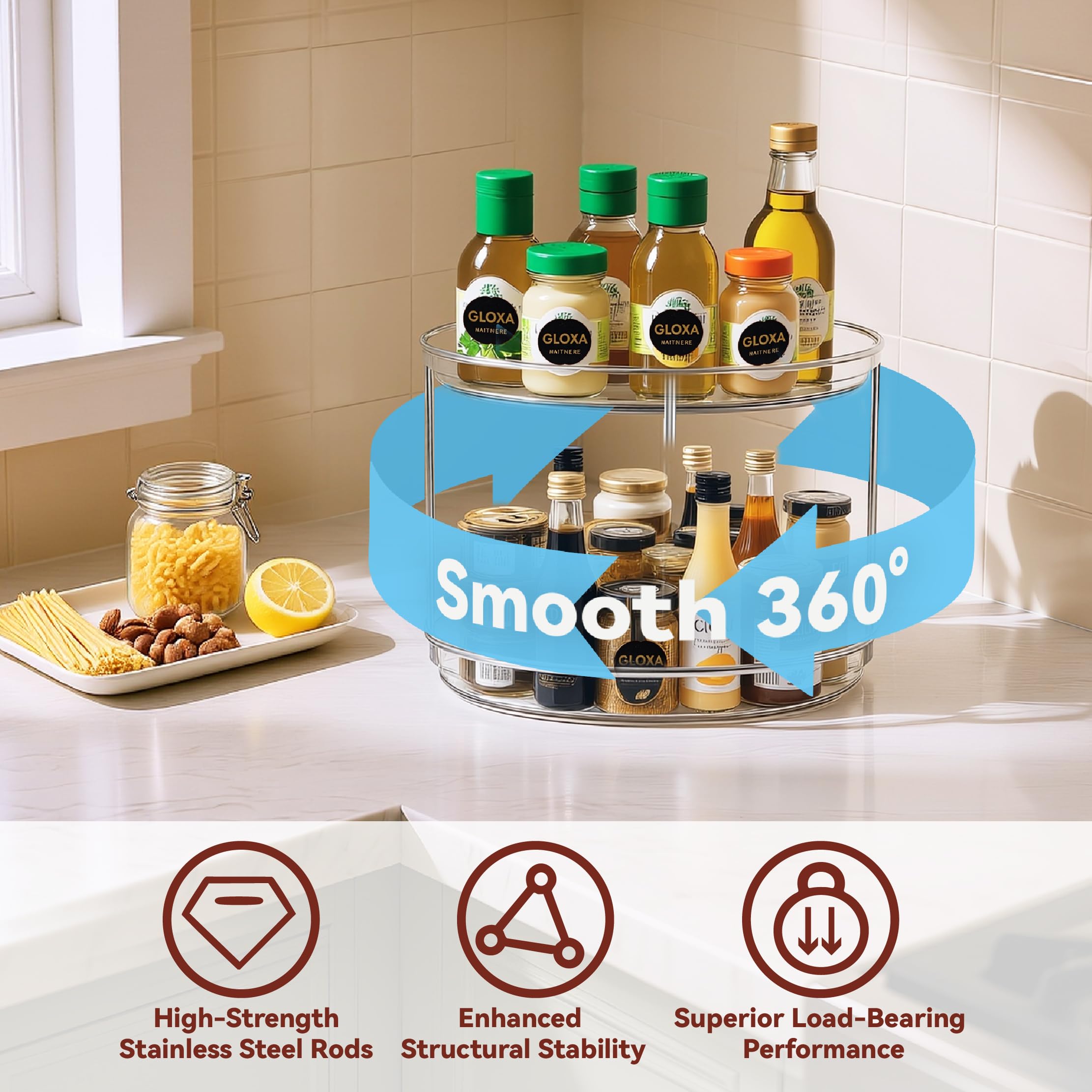 GLOXA double-decker spice rack with clear visibility for quick pantry finds.