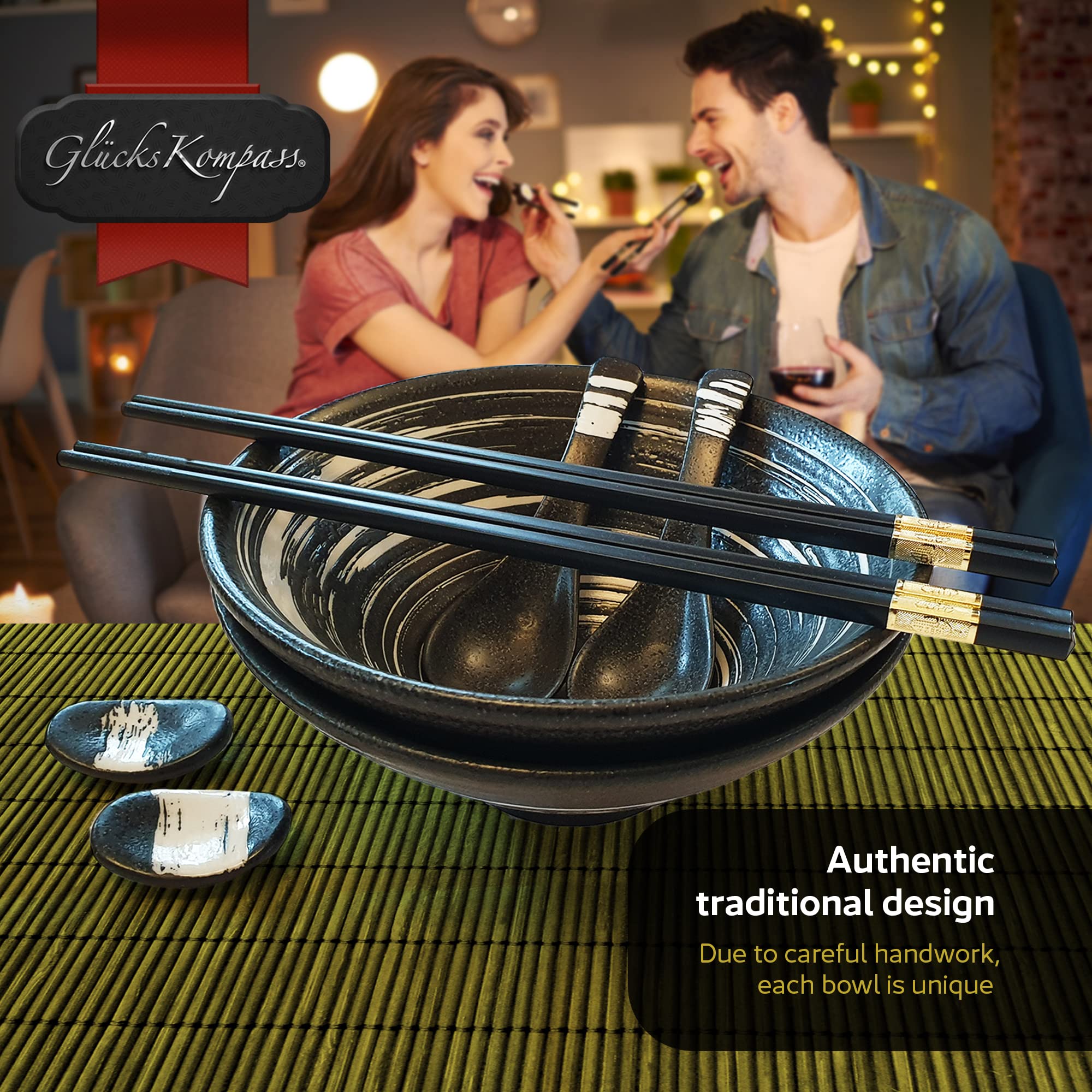 GlucksKompass ceramic chopsticks set for easy noodle pickup at home.