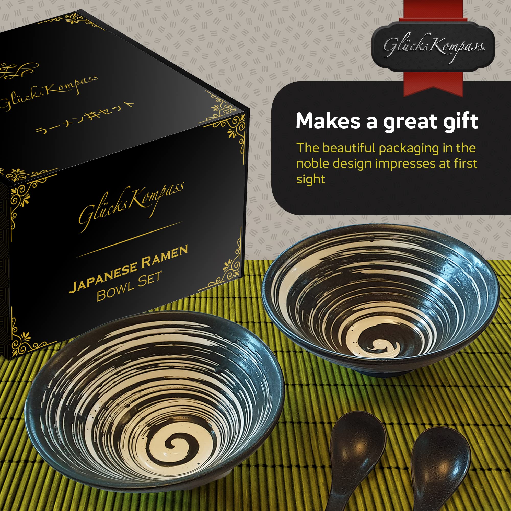 GlucksKompass large-diameter ramen bowls suitable for ramen, pasta, and salads.