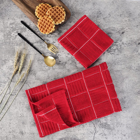 Glynniss red kitchen towels hanging loop shows convenient storage and quick reach.