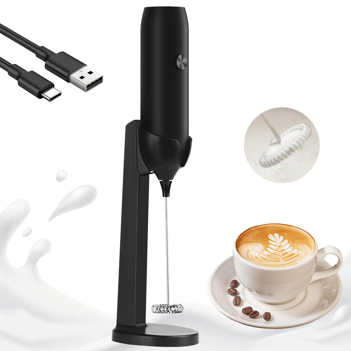 GLZOOO rechargeable milk frother with stand for easy storage and quick drying.