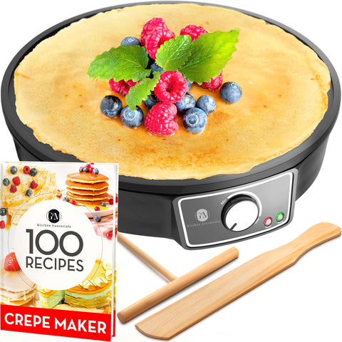 GM Kitchen Essentials Crepe Maker overview shows the 12-inch nonstick surface for quick crepes.