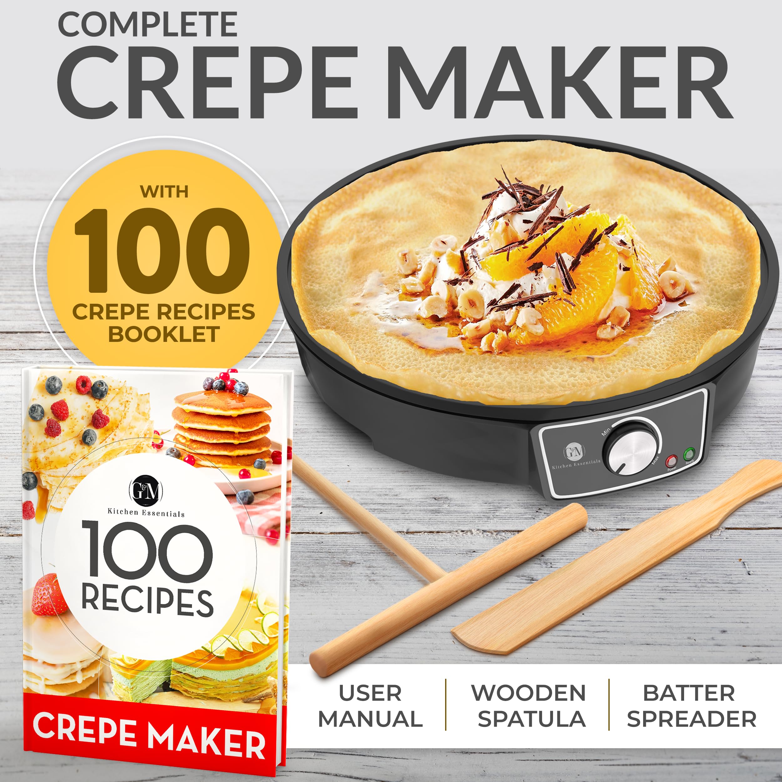 GM Kitchen Essentials Crepe Maker compact design suits versatile kitchen setups.