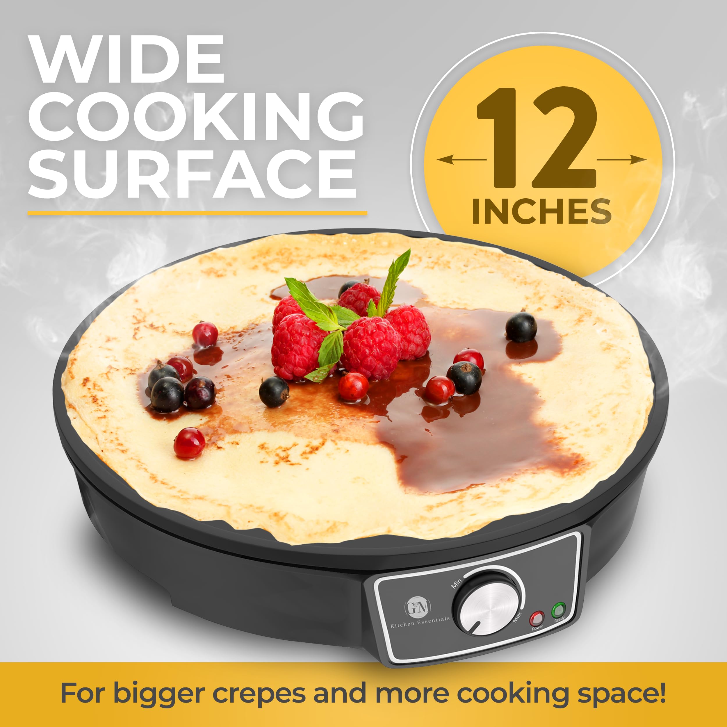 GM Kitchen Essentials Crepe Maker temperature indicator guides perfect cooking every time.