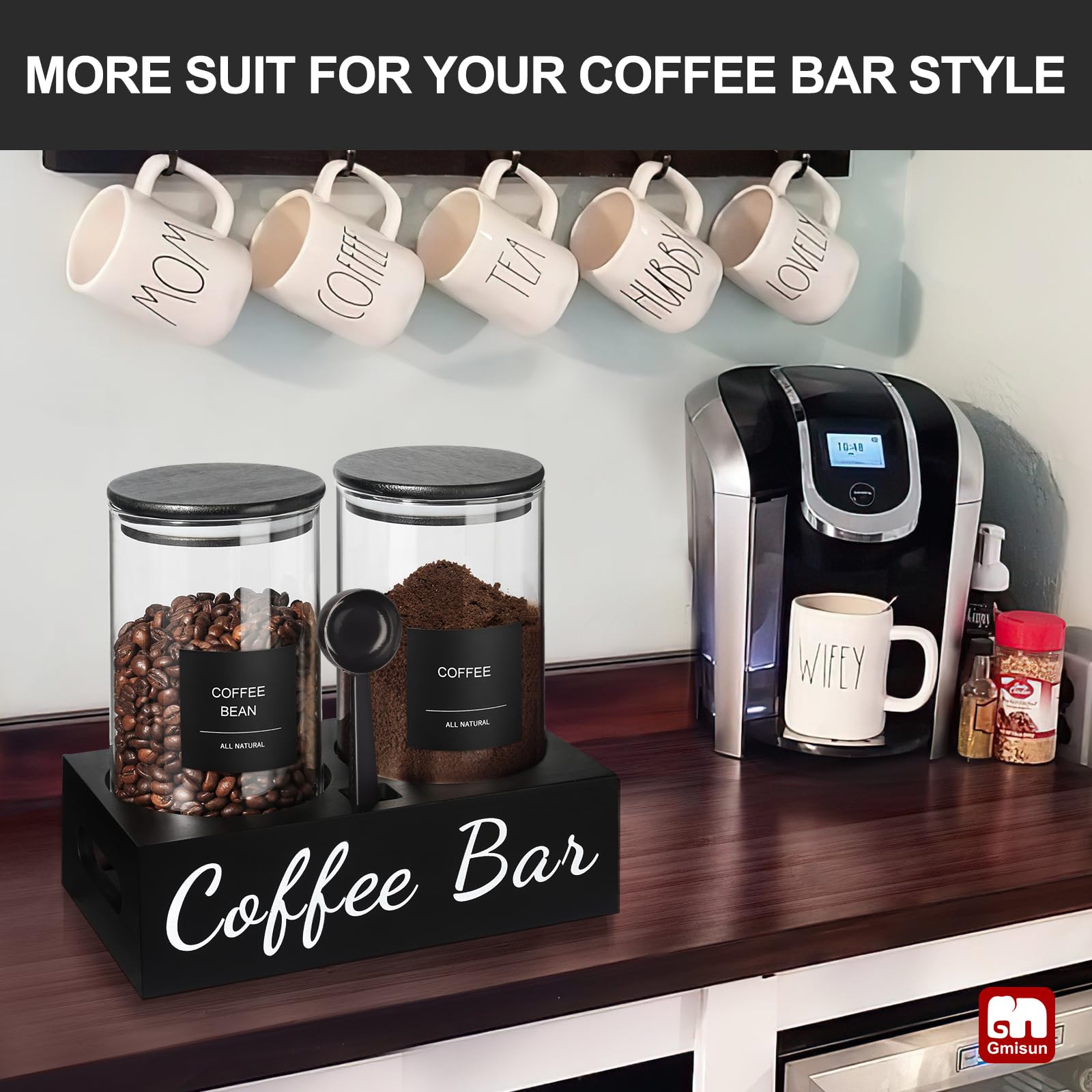 GMISUN coffee bar shelf with labels enhances organization and style.