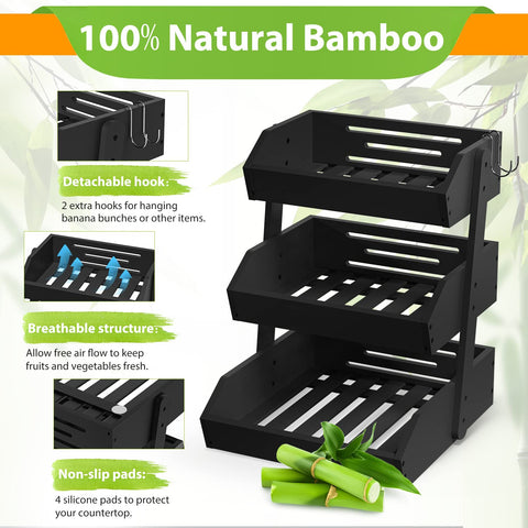 GMTSL Bamboo Fruit Basket with 2 banana hooks keeps bananas accessible