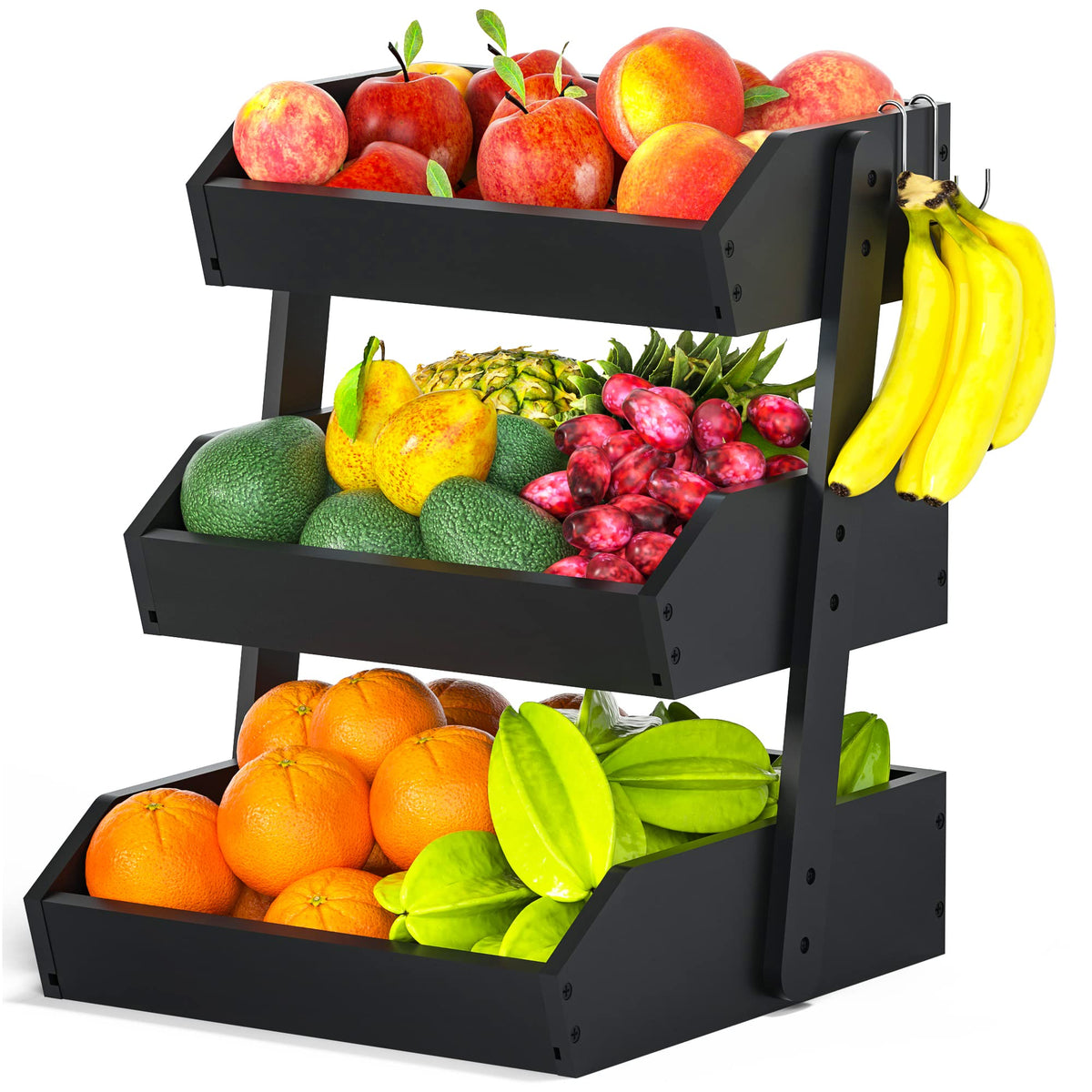 GMTSL Bamboo Fruit Basket 3-Tier front view showing generous counter storage