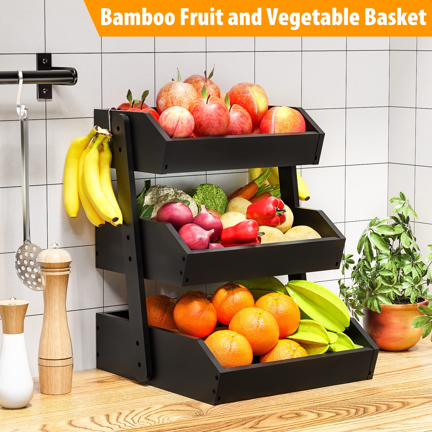 GMTSL Bamboo Fruit Basket on counter keeps produce within reach