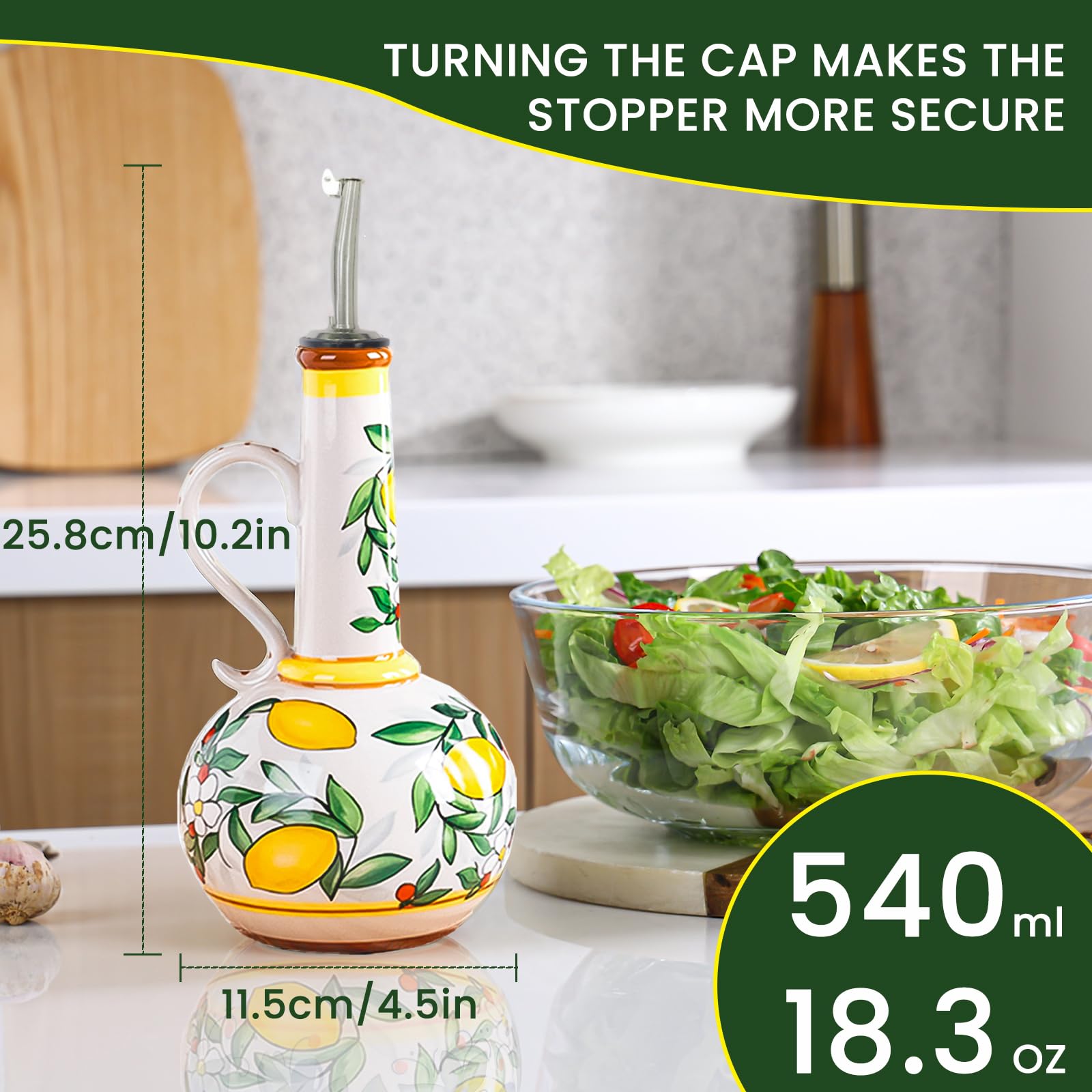 Gnlnkn olive oil dispenser with ceramic body provides elegant, mess-free pouring.