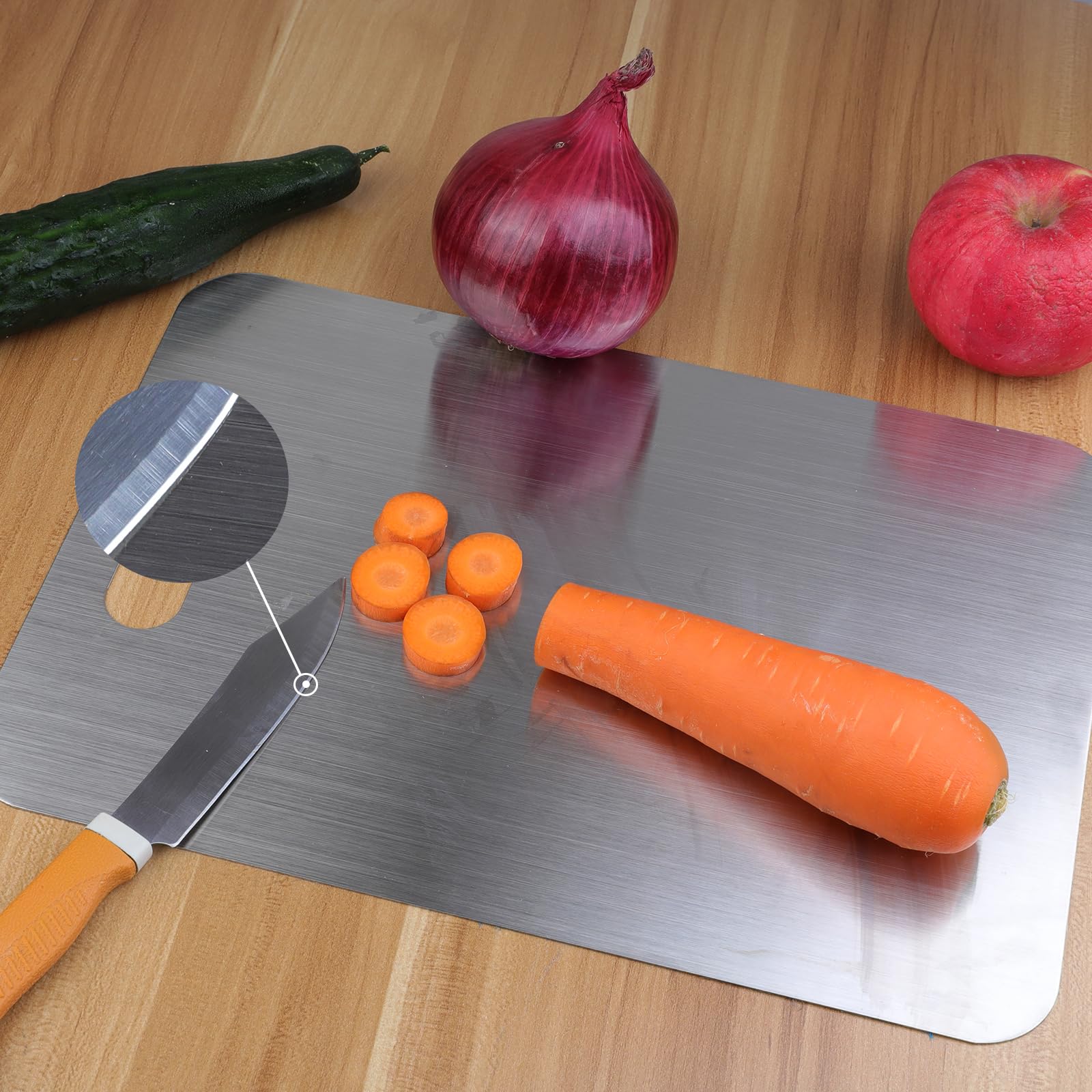 Gnodry Titanium Cutting Board outdoors on a patio, illustrating outdoor ready portability.
