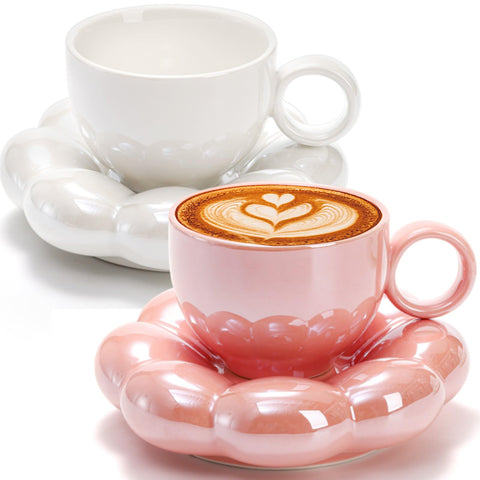 Goaste cloud mug with saucer in pink, perfect for cozy morning coffee.