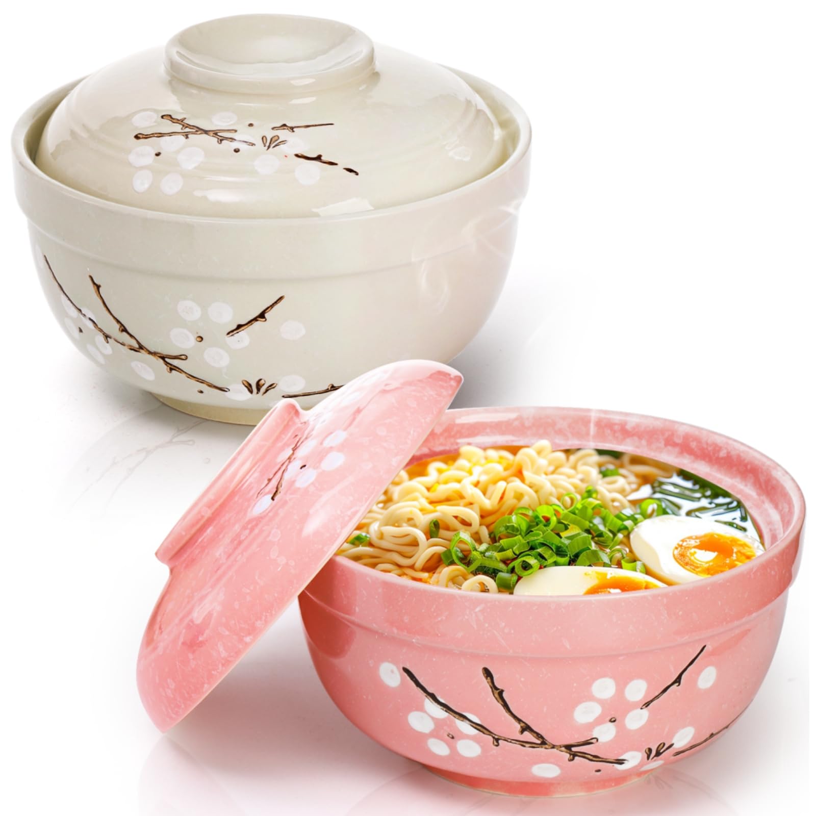 Goaste ramen bowl with pink lid and plum blossom design for warm meals.