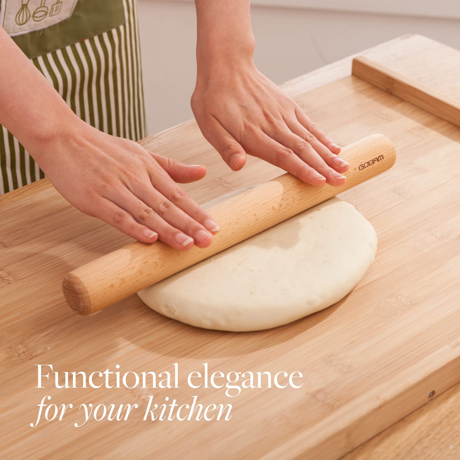 GOBAM rolling pin with smooth surface ideal for pasta, pie crusts, and cookies.