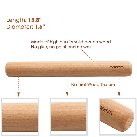 GOBAM rolling pin showing beech wood construction for durability and natural surface