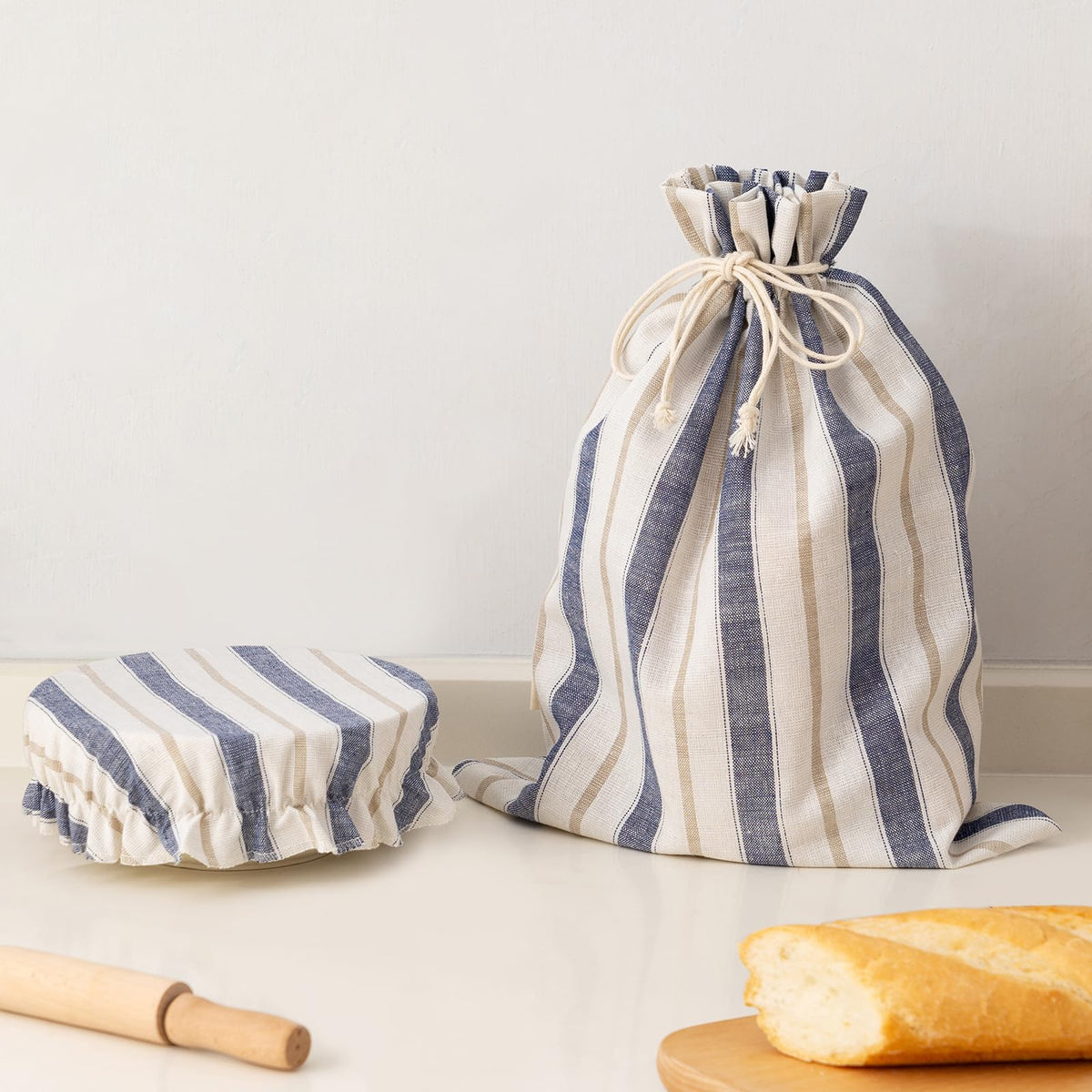 GobiSea linen bread bag with striped design keeps sourdough fresh