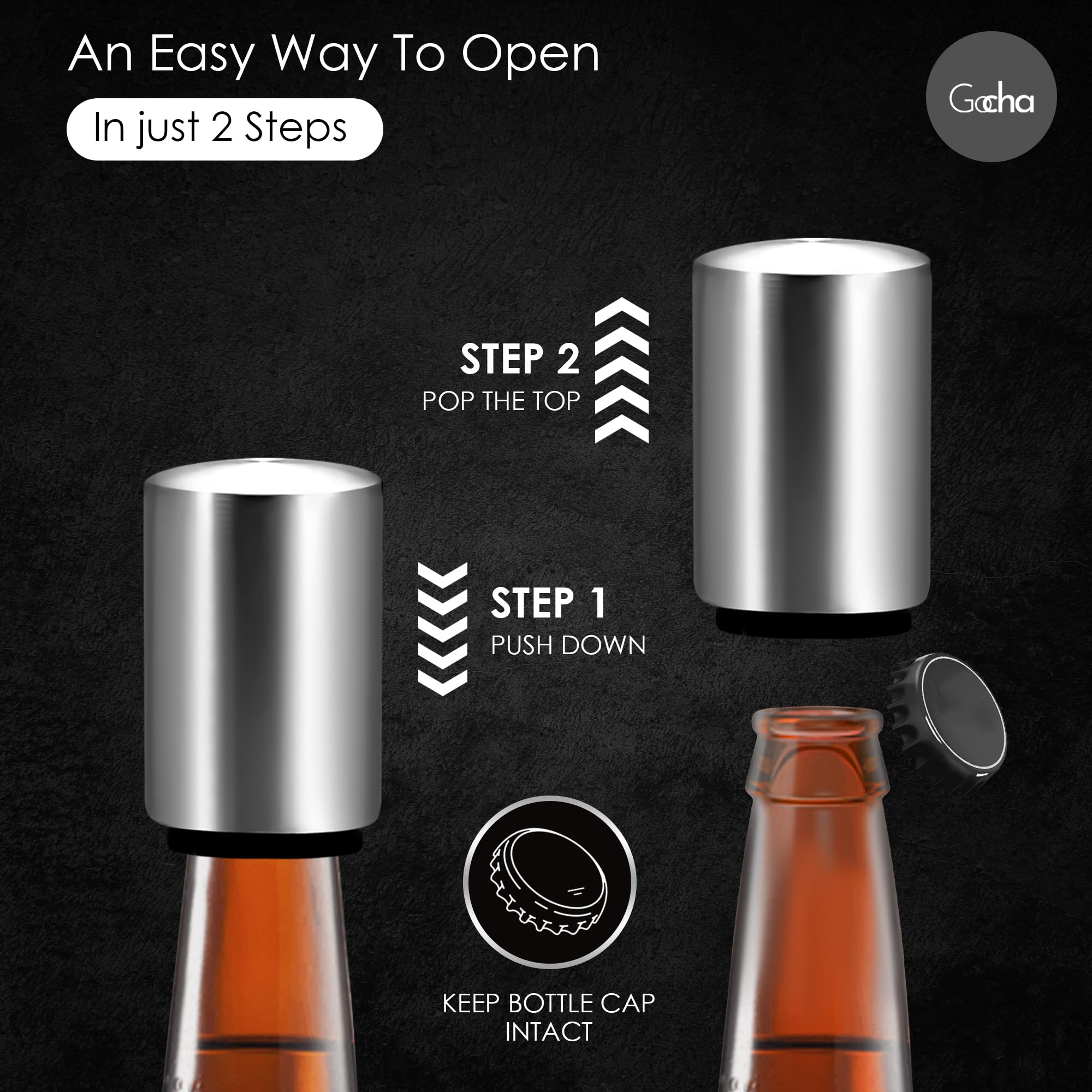 Compact GOCHA opener catches caps magnetically, keeping counters clean during gatherings.