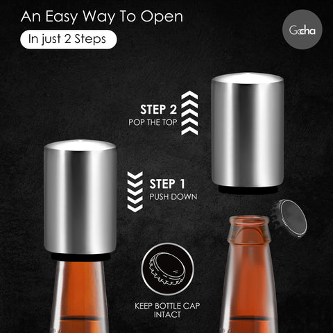 Compact GOCHA opener catches caps magnetically, keeping counters clean during gatherings.
