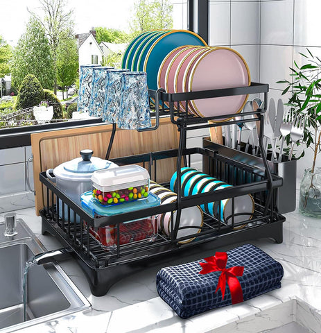 Godboat 2-tier dish drying rack with auto-drain keeps countertops dry and organized.