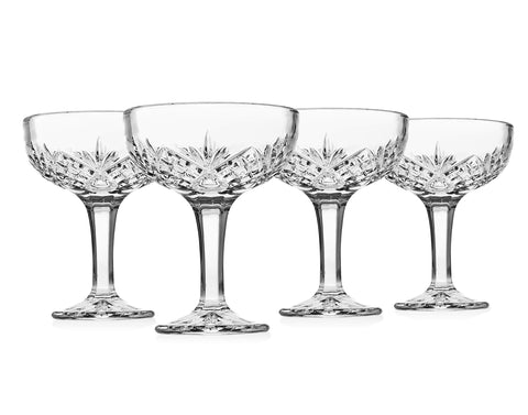 Godinger Dublin crystal champagne coupe set, elegant 6oz glasses for celebrations.