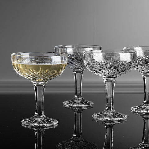 Godinger Dublin champagne glass side view showing classic coupe shape.