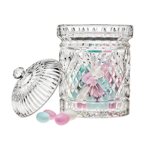 Elegant crystal container by Godinger Dublin enhances dining decor and storage.