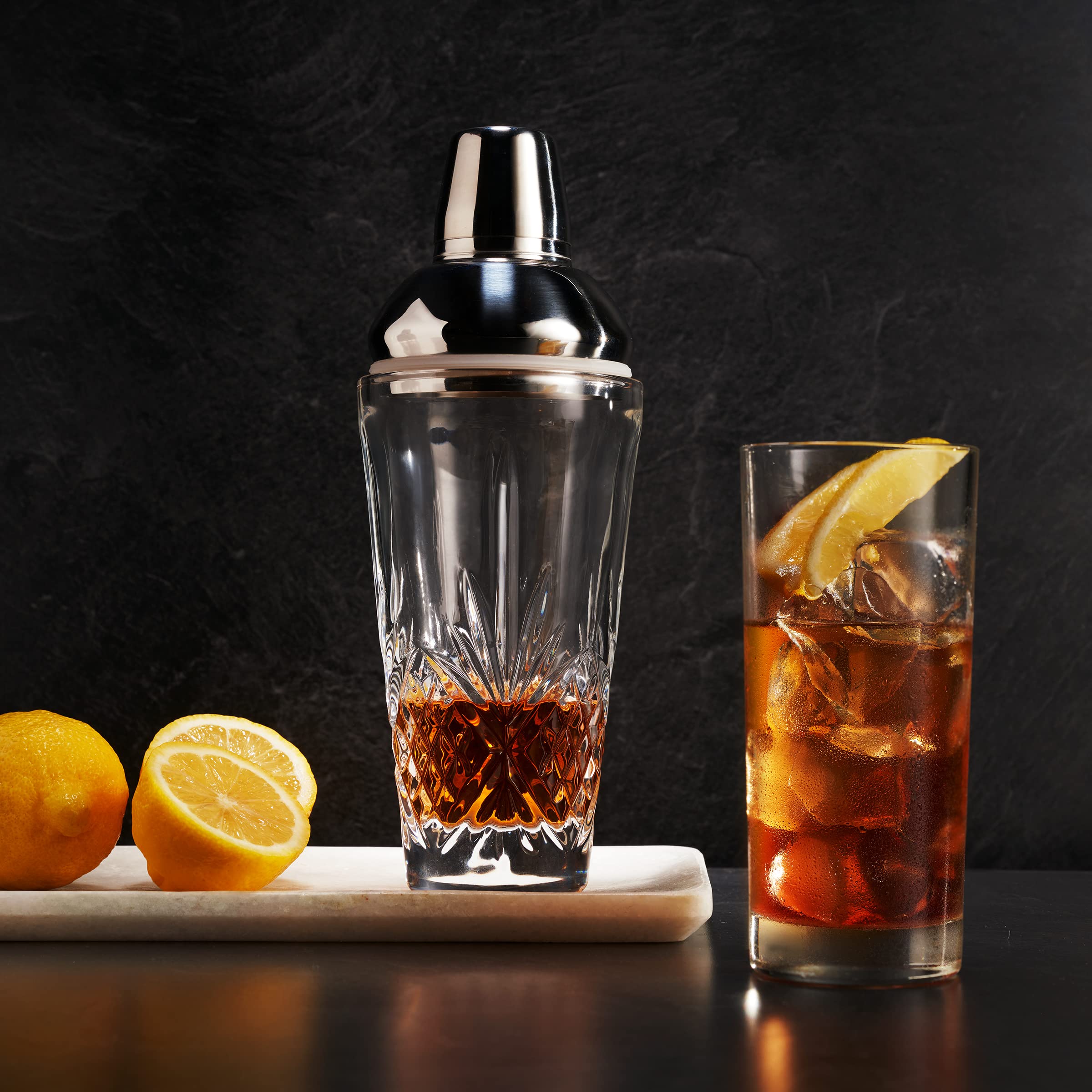 Godinger Dublin crystal martini shaker side view highlights refined silhouette