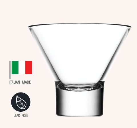 Godinger martini glasses close-up, thick base for stable, confident serving.