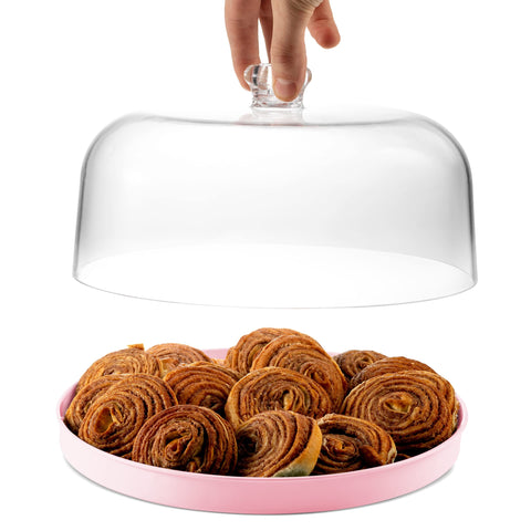 Godinger shatterproof acrylic dome keeps desserts protected indoors and outdoors.