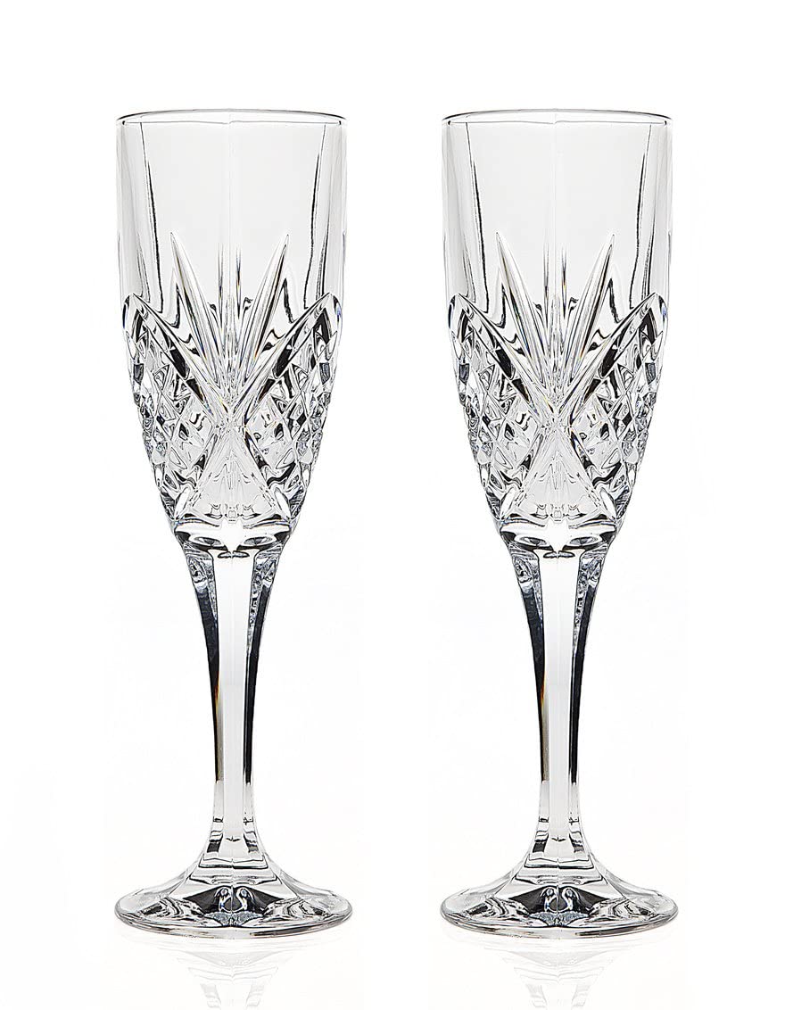 Godinger Silver Art Dublin champagne flutes, 2-piece set, crystal clarity and stable bases for toasts.