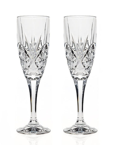 Godinger Silver Art Dublin champagne flutes, 2-piece set, crystal clarity and stable bases for toasts.