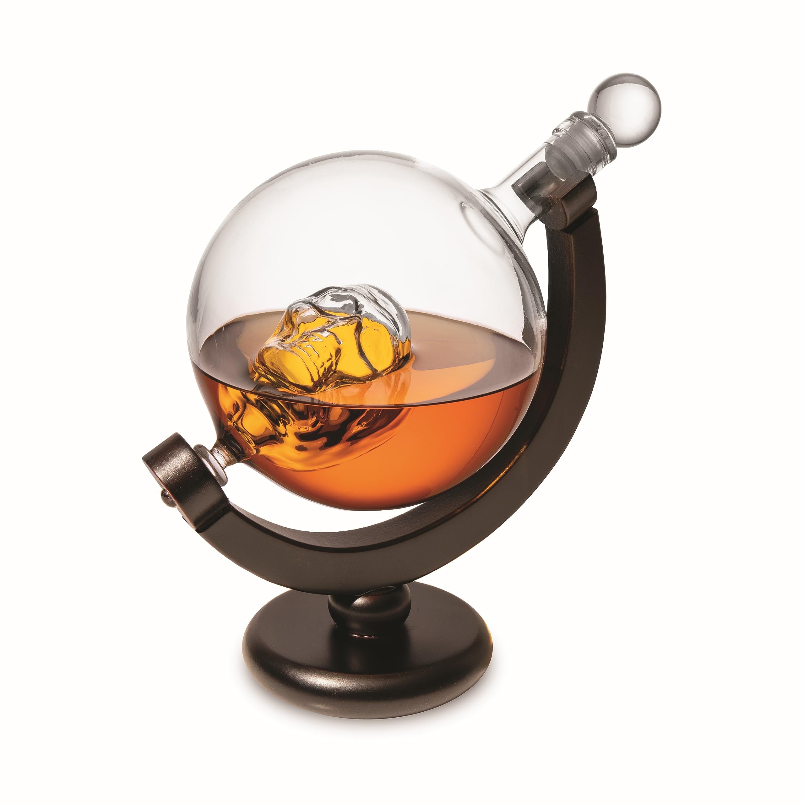 Godinger Skull Whiskey Decanter on mahogany stand for bold home bar display