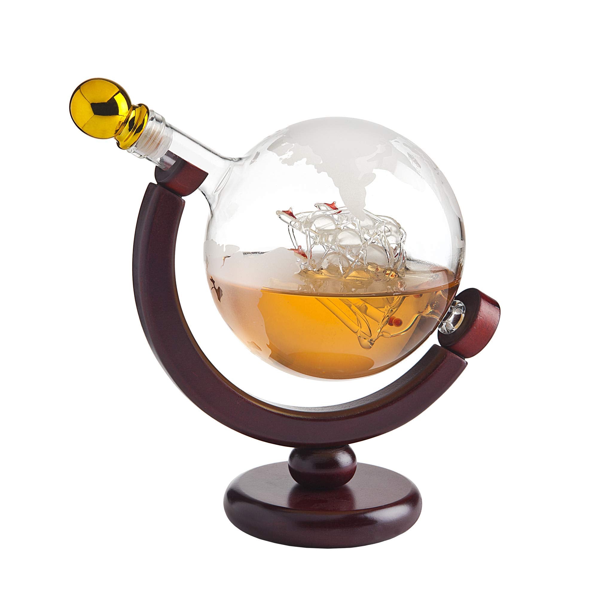 Hand blown glass with etched globe enhances table display.