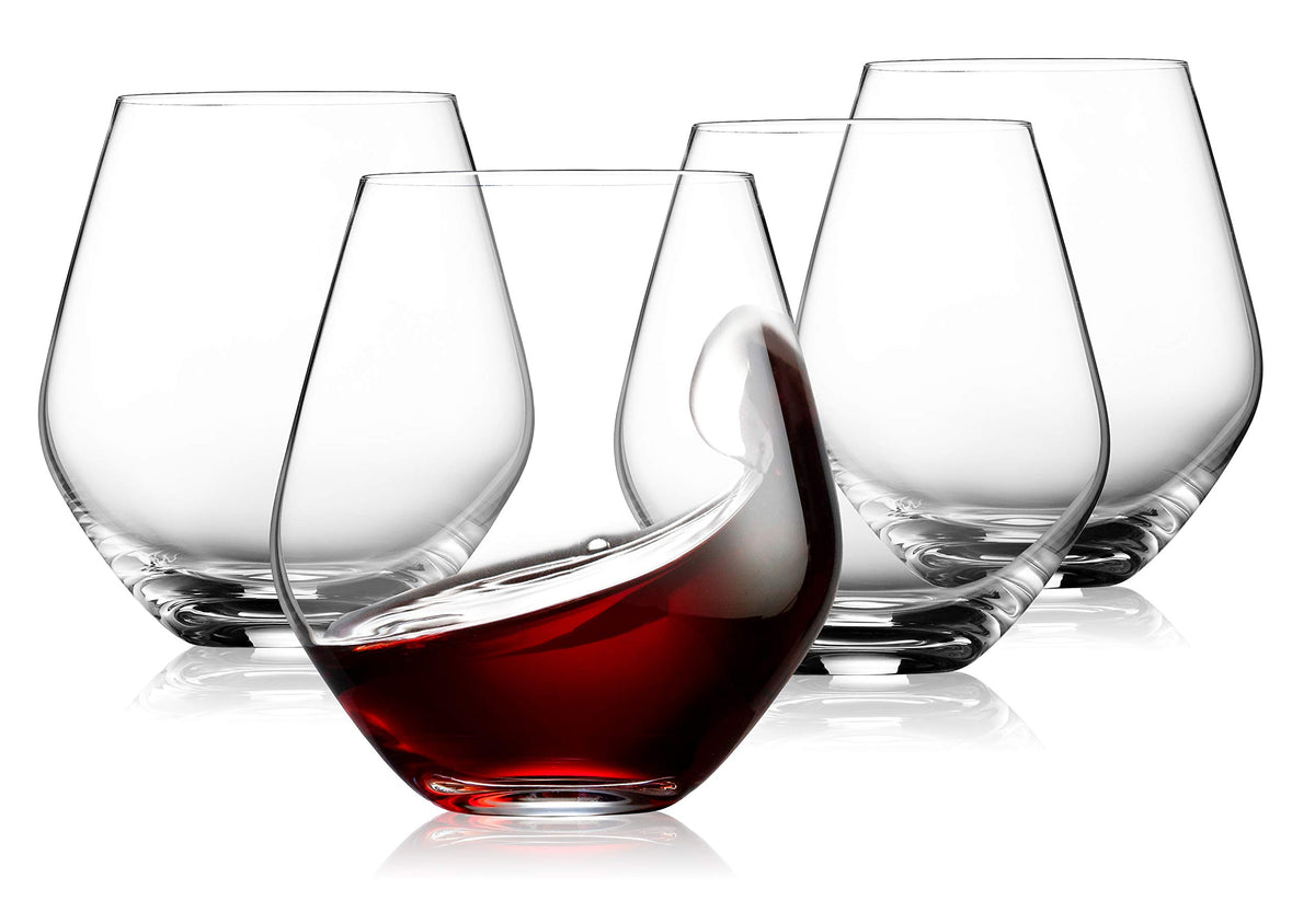 Godinger stemless 17oz wine glasses set of four in clear lead-free crystal for entertaining.