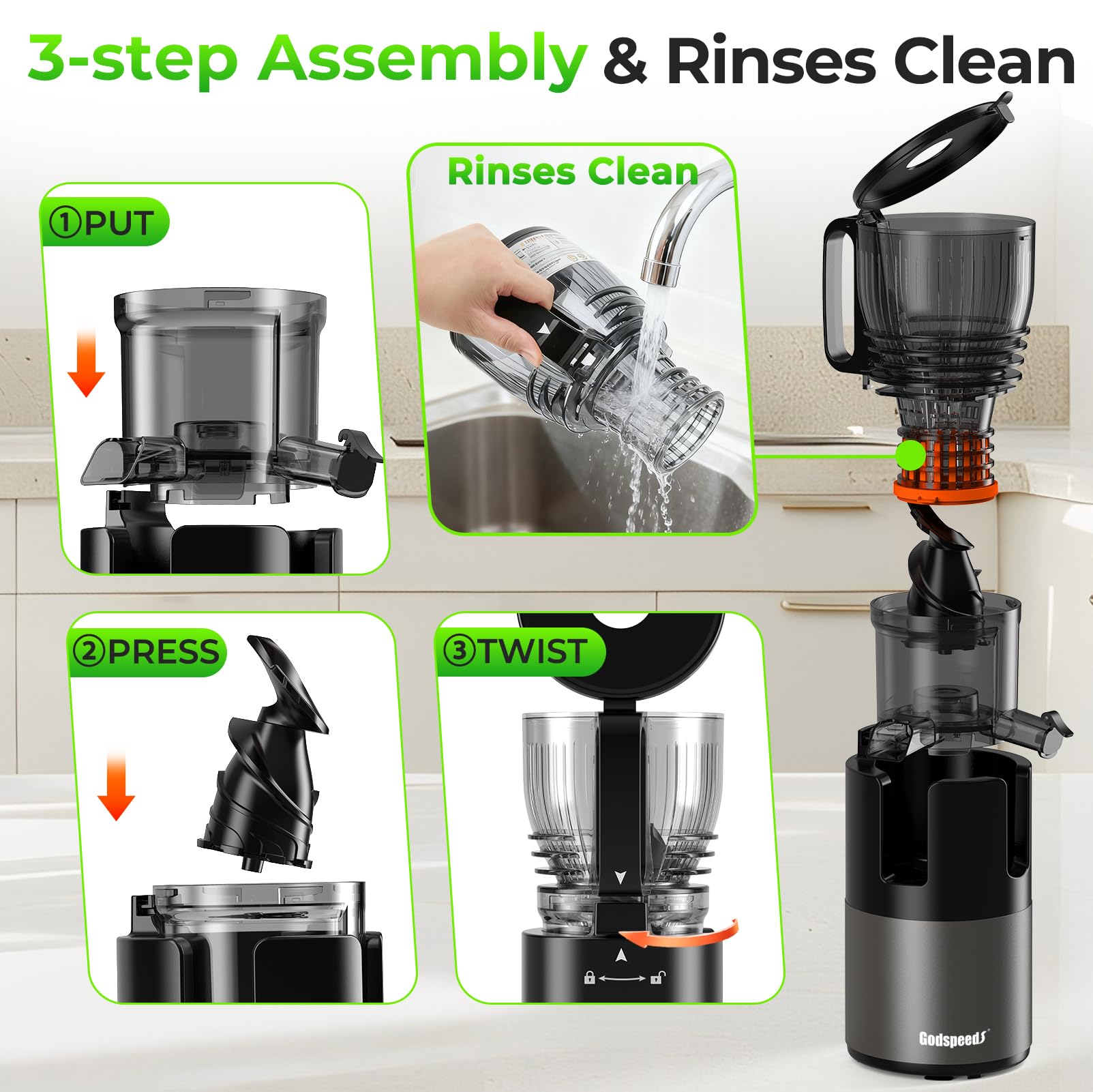 Godspeeds juicer demonstrates high juice yield via slow-masticating auger.
