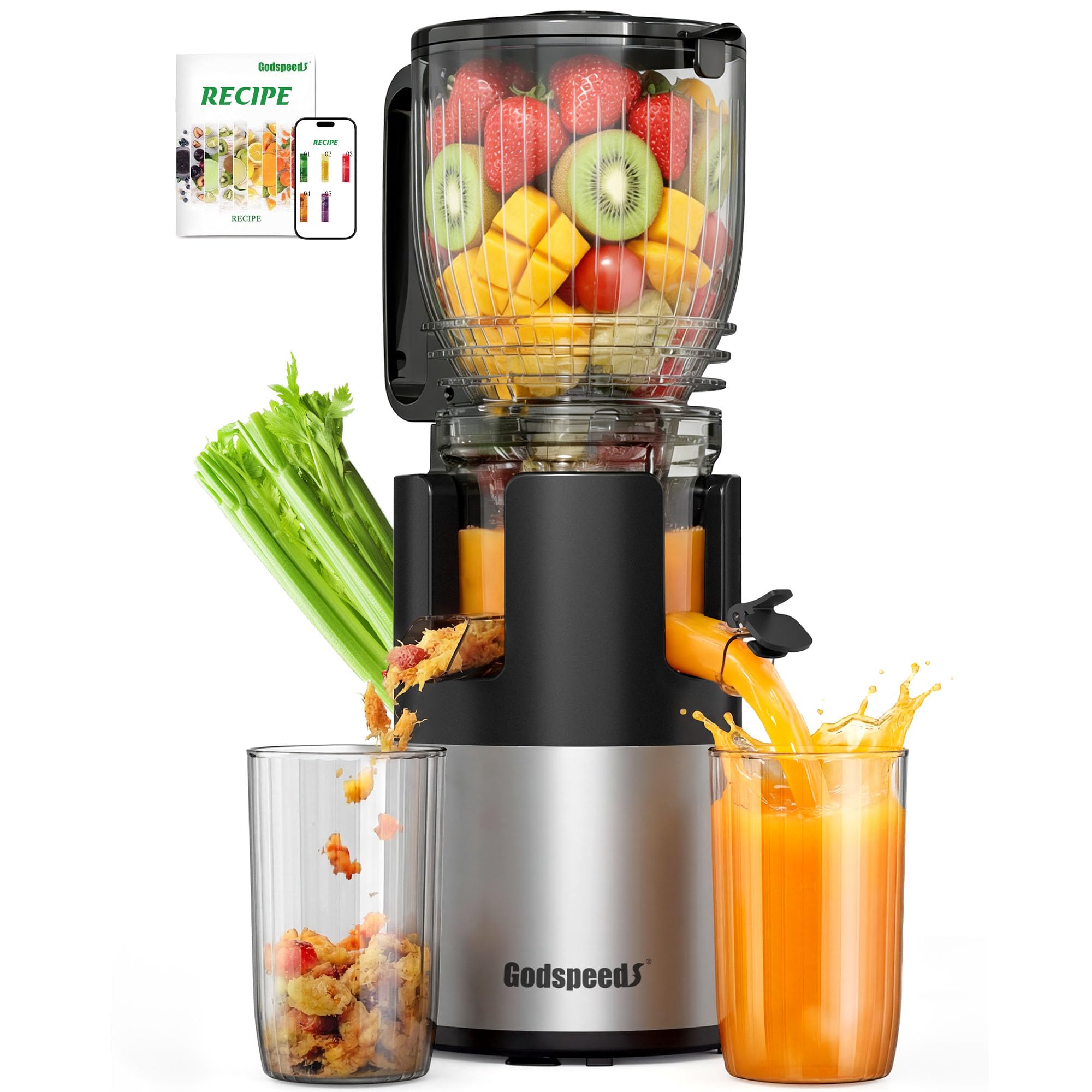 Godspeeds juicer wide-mouth feed chute enables whole-fruit prep.
