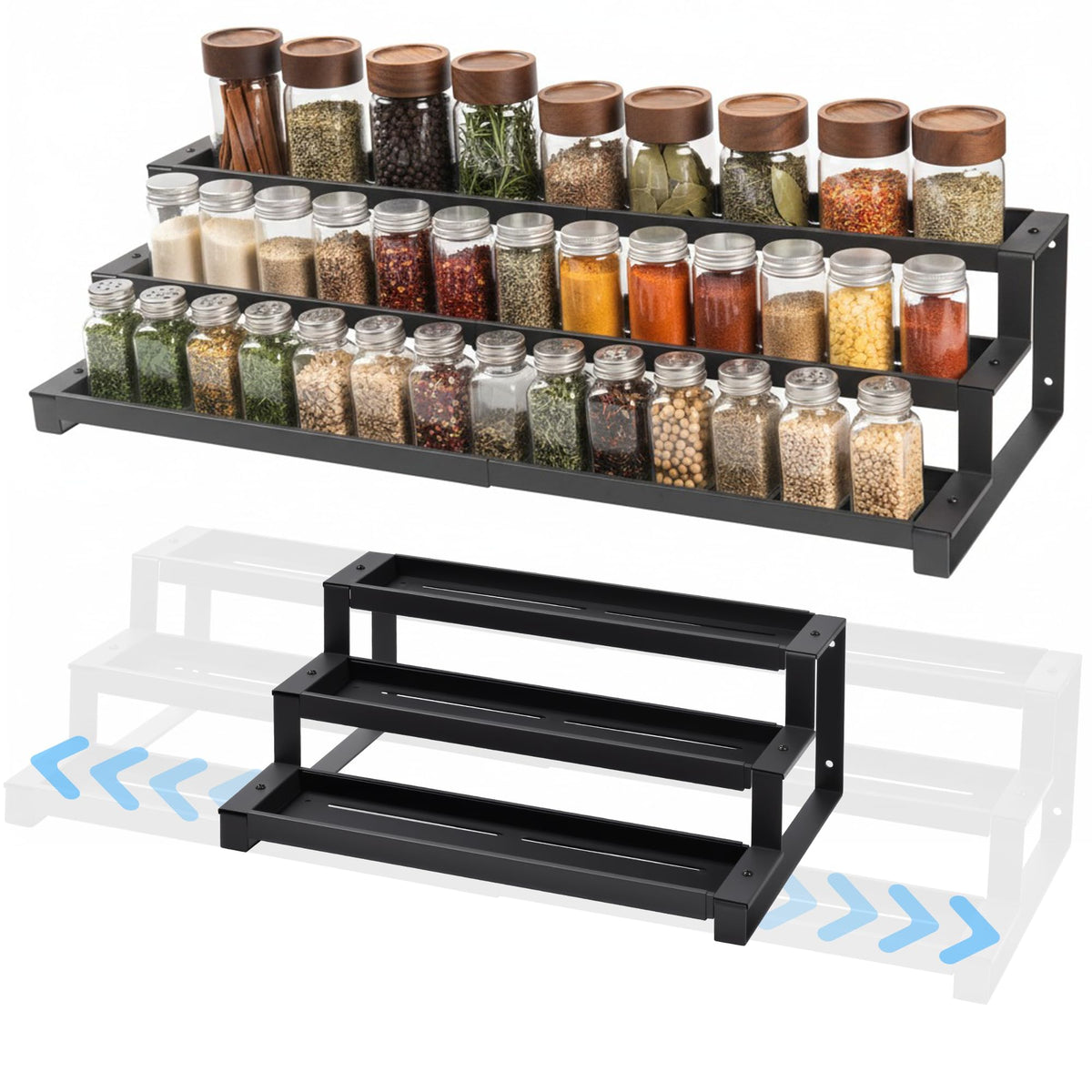 GOENDR 3-Tier Expandable Spice Rack 16-29 inches keeps jars accessible and labels visible