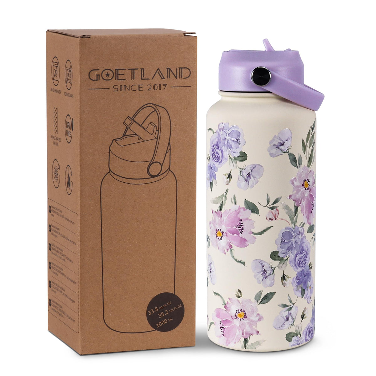 Goetland bottle with flowers design, stylish hydration for daily routines.