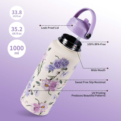 Goetland bottle UV-printed floral motif, scratch-resistant color for everyday use.