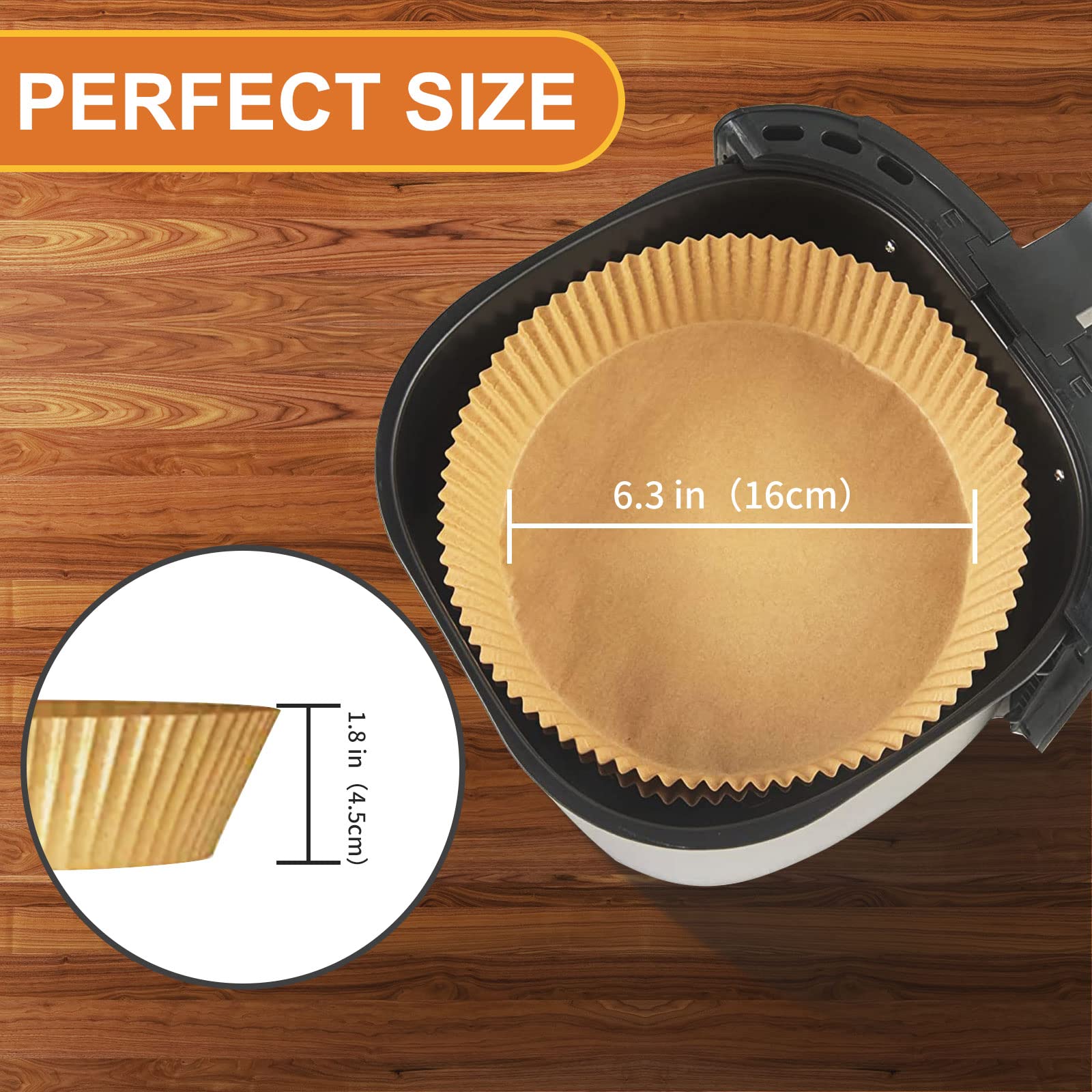 GOFFUGT parchment paper liner 6.3-inch, oil-proof and heat resistant for air fryers.