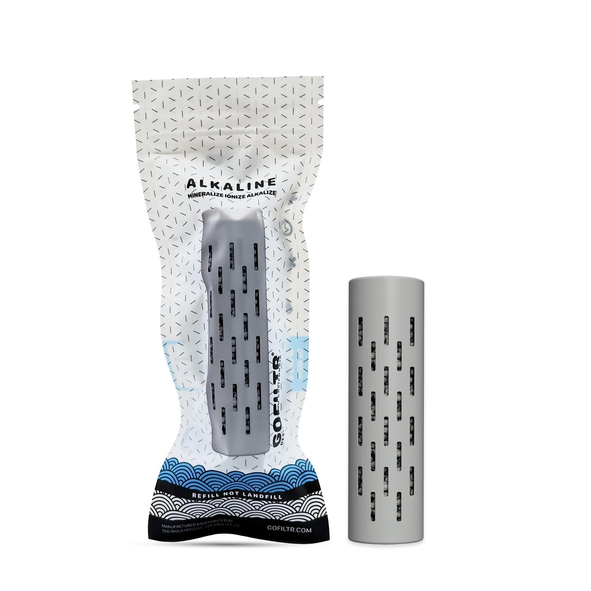 GOFILTR alkaline water infuser inside a reusable bottle for mineral ionized water