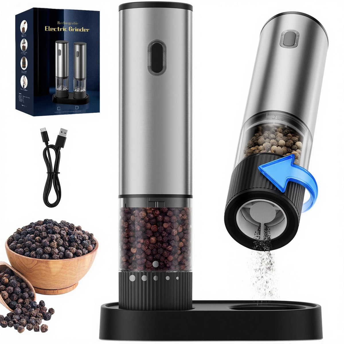 Gofuch electric grinder with clean base rotation to reduce mess at the table.